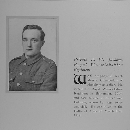 Jackson A W Pte 9628 Royal Warwickshire Regiment