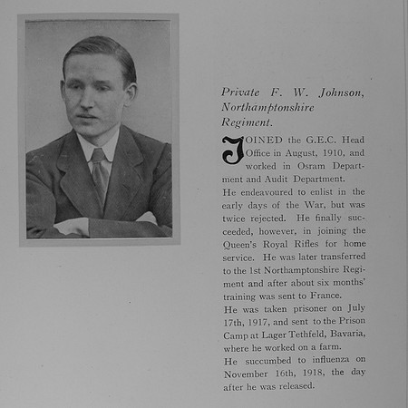 Johnson F W Pte 31339 Northamptonshire Regiment