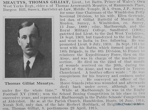 Meautys T G Lt 1st West Yorkshire Regiment Obit