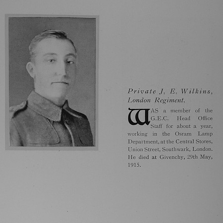 Wilkins J E Pte 1498 17th London Regiment