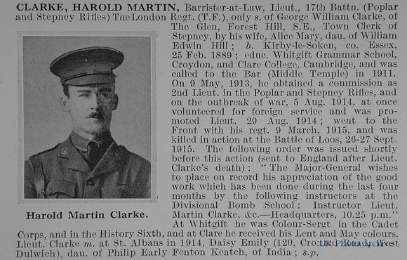 Clarke H M Lt 17th London Regiment Obit