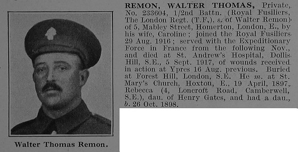 Remon W T Pte 2nd London Regiment Obit De Ruvignys Roll Of Honour Vol 3