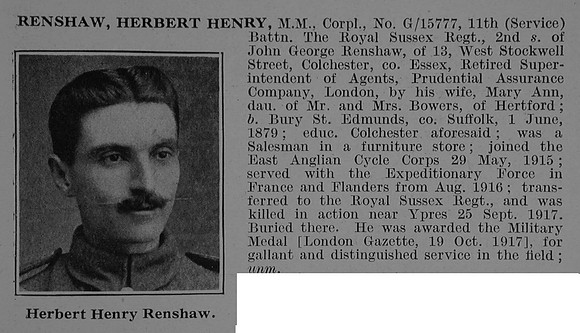 Renshaw H H Cpl MM 11th Royal Sussex Regiment Obit De Ruvignys Roll Of Honour Vol 3
