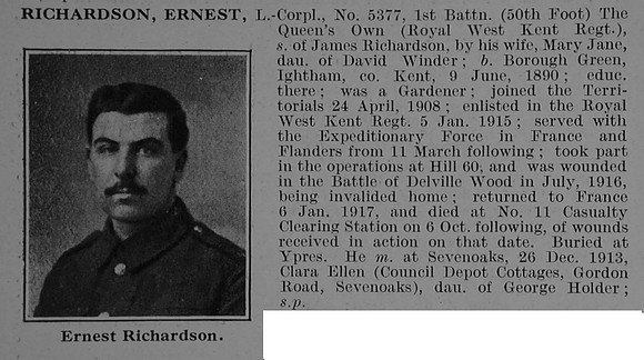 Richardson E LCpl 1st Queens Own Royal West Kent Regiment Obit De Ruvignys Roll Of Honour Vol 3