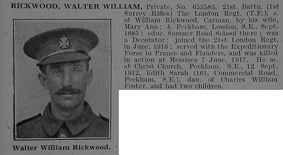 Rickwood W W Pte 653583 21st London Regiment Obit De Ruvignys Roll Of Honour Vol 3
