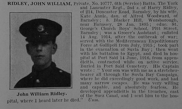Ridley J W Pte 10777 6th York & Lancs Regiment Obit De Ruvignys Roll Of Honour Vol 3