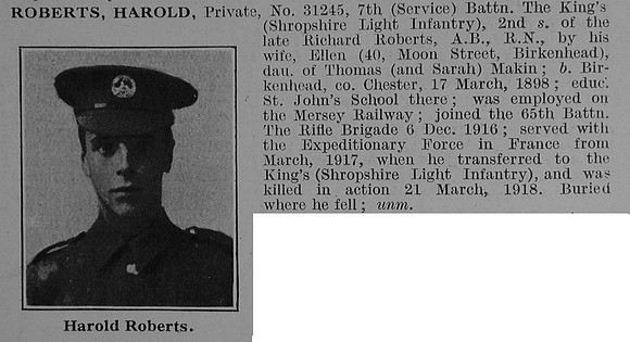 Roberts H Pte 31245 7th Kings Shropshire Light Infantry Obit De Ruvignys Roll Of Honour Vol 3