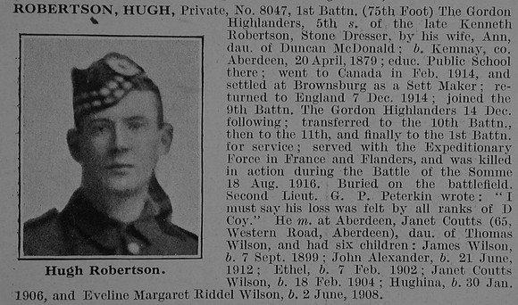 Robertson H Pte 8047 1st Gordon Highlanders Obit De Ruvignys Roll Of Honour Vol 3