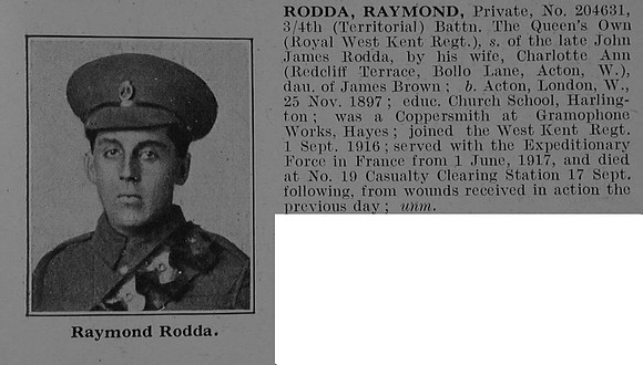 Rodda R Pte 4th Queen's Own (Royal West Kent Regiment) Obit De Ruvignys Roll Of Honour Vol 3