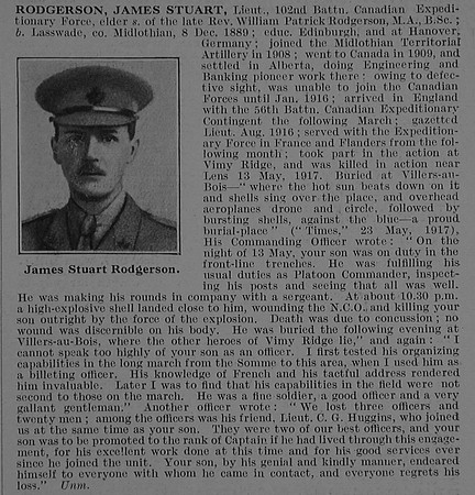 Rodgerson J S Lt 102nd Canadian Infantry (Central Ontario Regiment) Obit De Ruvignys Roll Of Honour Vol 3