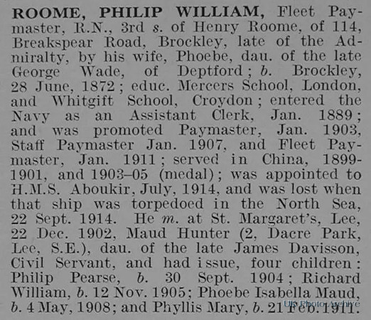 Roome P W Flt Pymstr HMS Aboukir Royal Navy Obit De Ruvignys Roll Of Honour Vol 1