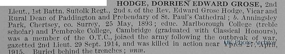 Hodge D E G 2nd Lt 1st Suffolk Regiment Obit