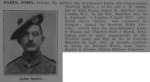 Sabin J Pte 200759 5th Cameronians Obit De Ruvignys Roll Of Honour Vol 3