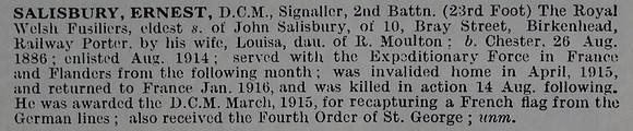 Salisbury E L/Cpl 7967 Royal Welsh Fusiliers Obit De Ruvignys Roll Of Honour Vol 3
