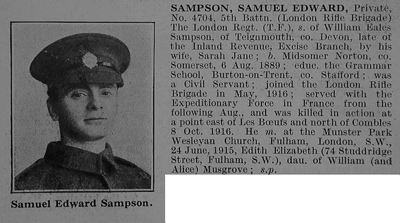 Sampson S E Pte 4704 5th London Regiment (London Rifle Brigade) Obit De Ruvignys Roll Of Honour Vol 3