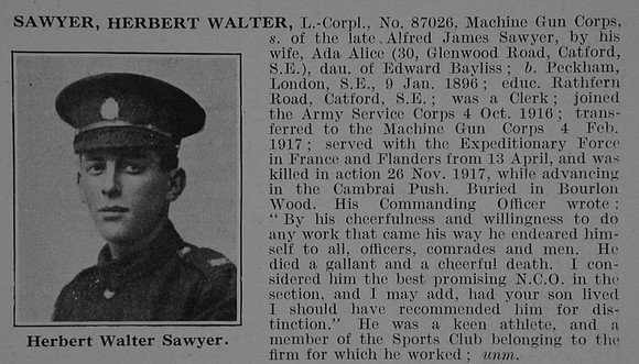 Sawyer H W L/Cpl 87026 Machine Gun Corps Obit De Ruvignys Roll Of Honour Vol 3
