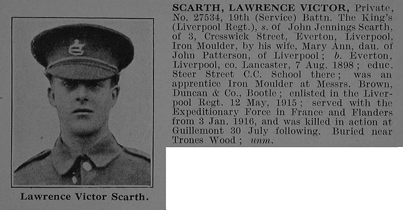 Scarth L V Pte 27534 19th Kings Liverpool Regiment Obit De Ruvignys Roll Of Honour Vol 3