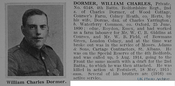 Dormer W C Pte 6548 4th Bedfordshire Regiment Obit