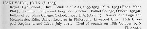 Handyside J 2nd Lt 16th Kings Liverpool Regiment Obit