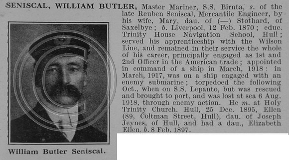 Seniscal W B Master Mariner SS Biruta Merc Marine Obit De Ruvignys Roll Of Honour Vol 4
