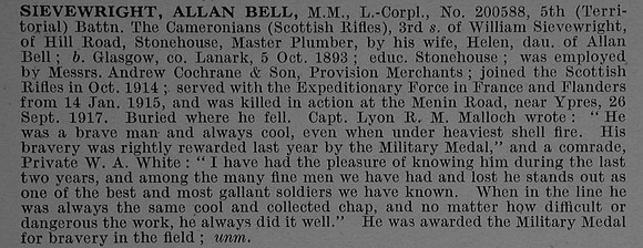 Sievewright A B L/Cpl MM 200588 5th Cameronians Obit De Ruvignys Roll Of Honour Vol 4