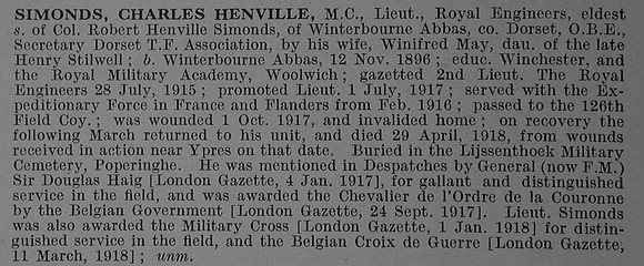 Simonds C H Lt MC Royal Engineers Obit De Ruvignys Roll Of Honour Vol 4
