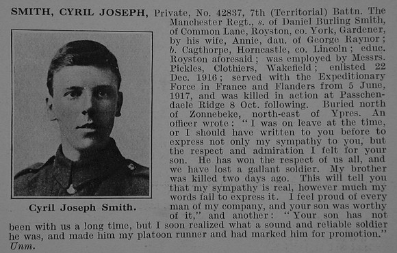 Smith C J Pte 42837 7th Manchester Regiment Obit De Ruvignys Roll Of Honour Vol 3