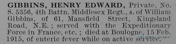 Gibbins H E Pte S/5356 4th Middlesex Regiment Obit
