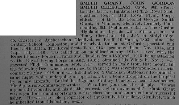 Smith-Grant J G S C Captain 9th Royal Scots Attd Royal Flying Corps Obit De Ruvignys Roll Of Honour Vol 4