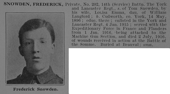 Snowden F Pte 202 14th York & Lancs Regiment Obit De Ruvignys Roll Of Honour Vol 3