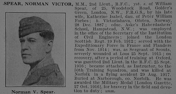 Spear N V 2nd Lt MM Royal Flying Corps Obit De Ruvignys Roll Of Honour Vol 3