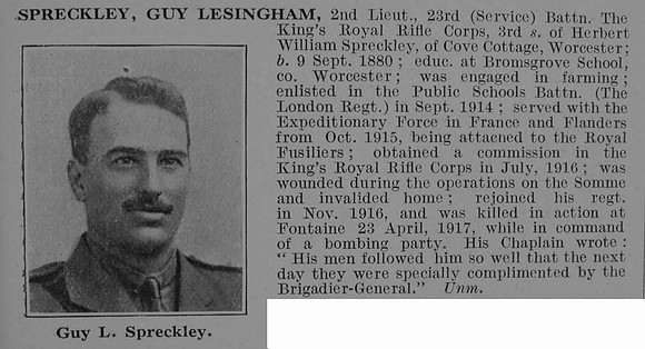 Spreckley G L 2nd Lt 23rd King's Royal Rifle Corps Obit De Ruvignys Roll Of Honour Vol 3