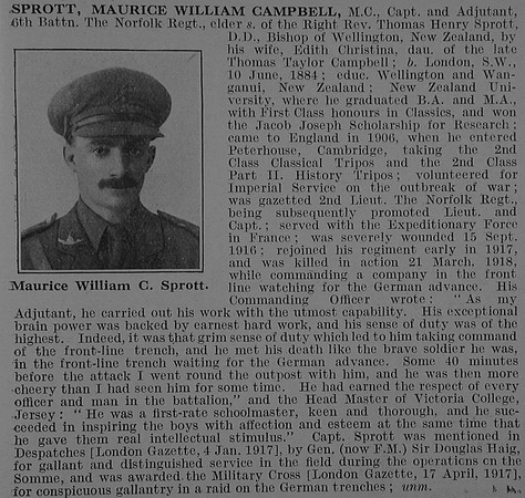 Sprott M W C Captain MC 4th Norfolk Regiment Obit De Ruvignys Roll Of Honour Vol 3