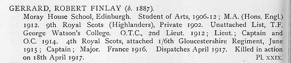 Gerrard R F Captain 4th Royal Scots Attd 6th Gloucestershire Regiment Obit