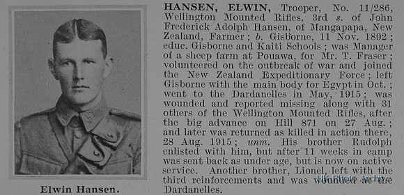 Hansen E Tpr 11/286 Wellington Mounted Rifles NZEF Obit