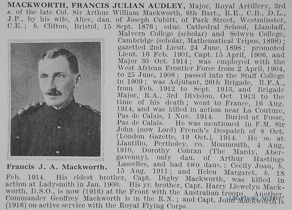 Mackworth F J A Major Royal Artillery Obit