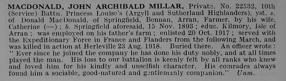 MacDonald J A M Pte 22532 10th Argyll And Sutherland Highlanders Obit De Ruvignys Roll Of Honour Vol 5