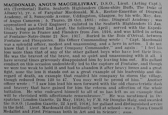MacDonald A M Lt DSO 4th Seaforth Highlanders Obit De Ruvignys Roll Of Honour Vol 5