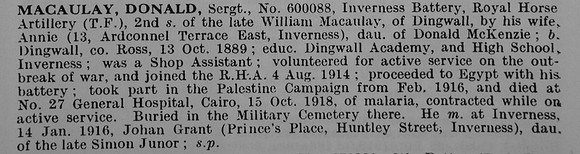 MacAulay D Sergt 600088 Royal Horse Artillery Obit De Ruvignys Roll Of Honour Vol 5