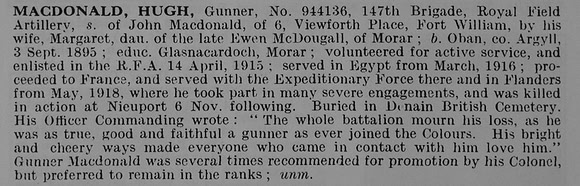 MacDonald H Gnr 944136 Royal Field Artillery Obit De Ruvignys Roll Of Honour Vol 5