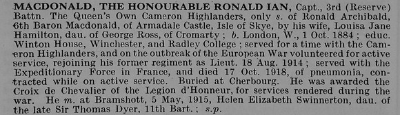 MacDonald R I Captain The Hon 3rd Queens Own Cameron Highlanders Obit De Ruvignys Roll Of Honour Vol 5