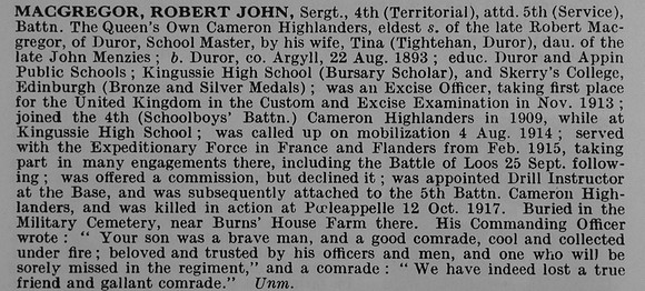 MacGregor R J Sergt 4th Attd 5th Queens Own Cameron Highlanders Obit De Ruvignys Roll Of Honour Vol 5