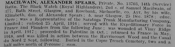 MacIlwain A S Pte 13703 14th Black Watch Obit De Ruvignys Roll Of Honour Vol 5