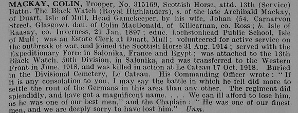 MacKay C Tpr 315169 Scottish Horse Attd 13th Black Watch Obit De Ruvignys Roll Of Honour Vol 5