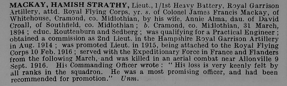 MacKay H S Lt Royal Flying Corps Obit De Ruvignys Roll Of Honour Vol 5