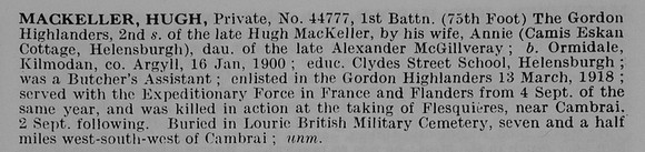 MacKeller H Pte 44777 1st Gordon Highlanders Obit De Ruvignys Roll Of Honour Vol 5
