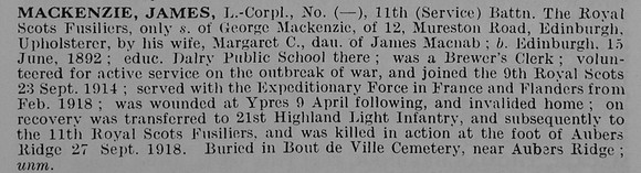 Mackenzie J L/Cpl 266524 11th Royal Scots Fusiliers Obit De Ruvignys Roll Of Honour Vol 5