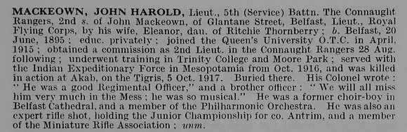 Mackeown J H Lt 5th Connaught Rangers Obit De Ruvignys Roll Of Honour Vol 5