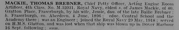 Mackie T B Chief Petty Officer M.32031 H.M.S. Glatton Royal Navy Obit De Ruvignys Roll Of Honour Vol 5
