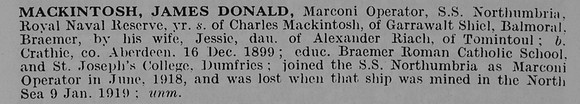 Mackintosh J D Marconi Operator SS Northumbria Royal Naval Reserve Obit De Ruvignys Roll Of Honour Vol 5